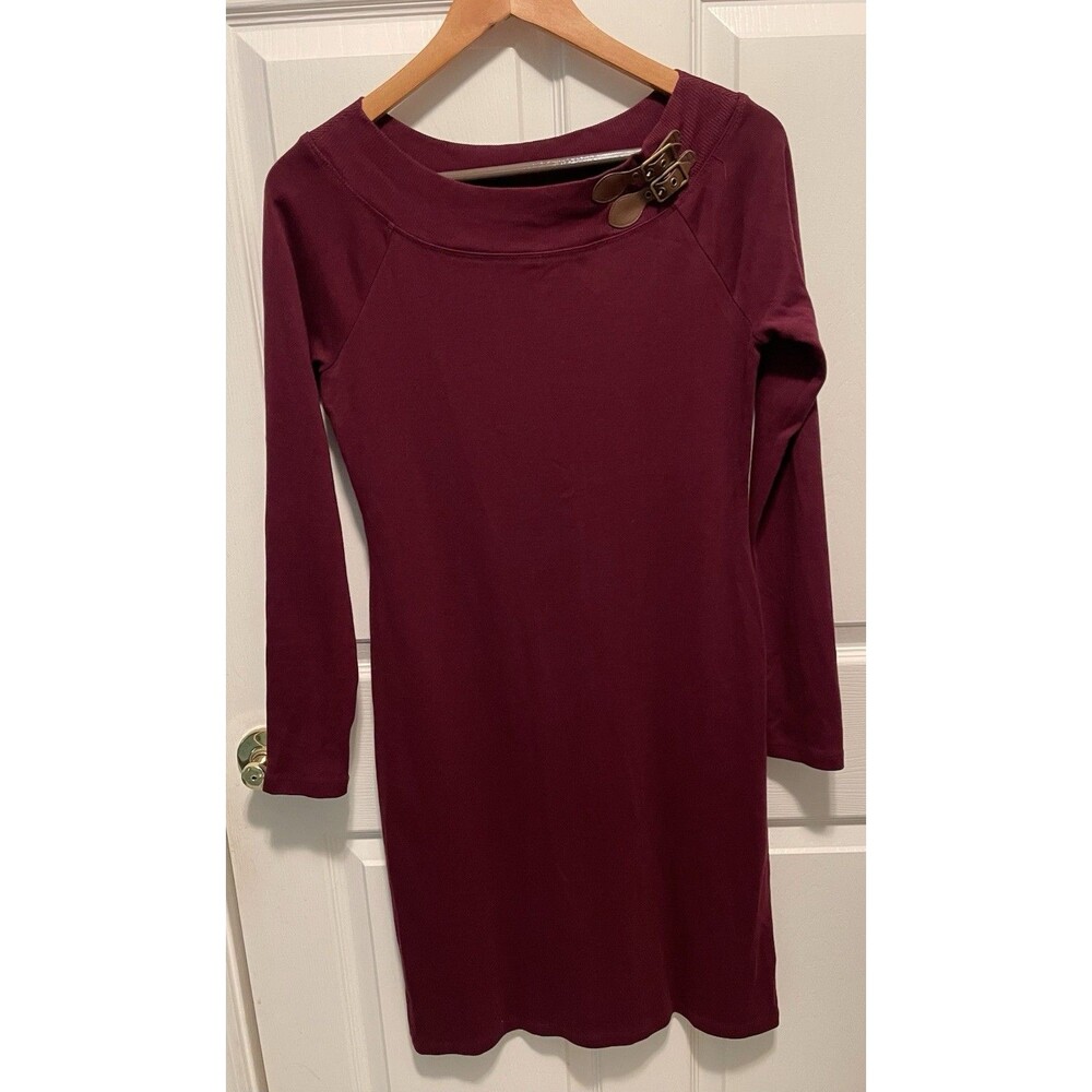 Lauren Ralph Lauren Knit Dress Maroon Neckline Buckles Midi Cotton Medium